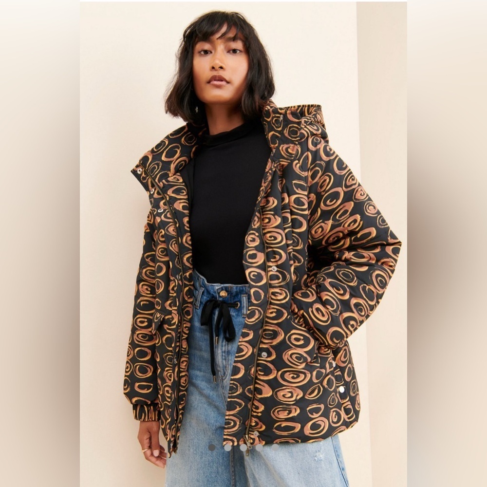 Free people Find Me Now Abstract Circle Print Puffer Jacket Black & Tan Size M/L
